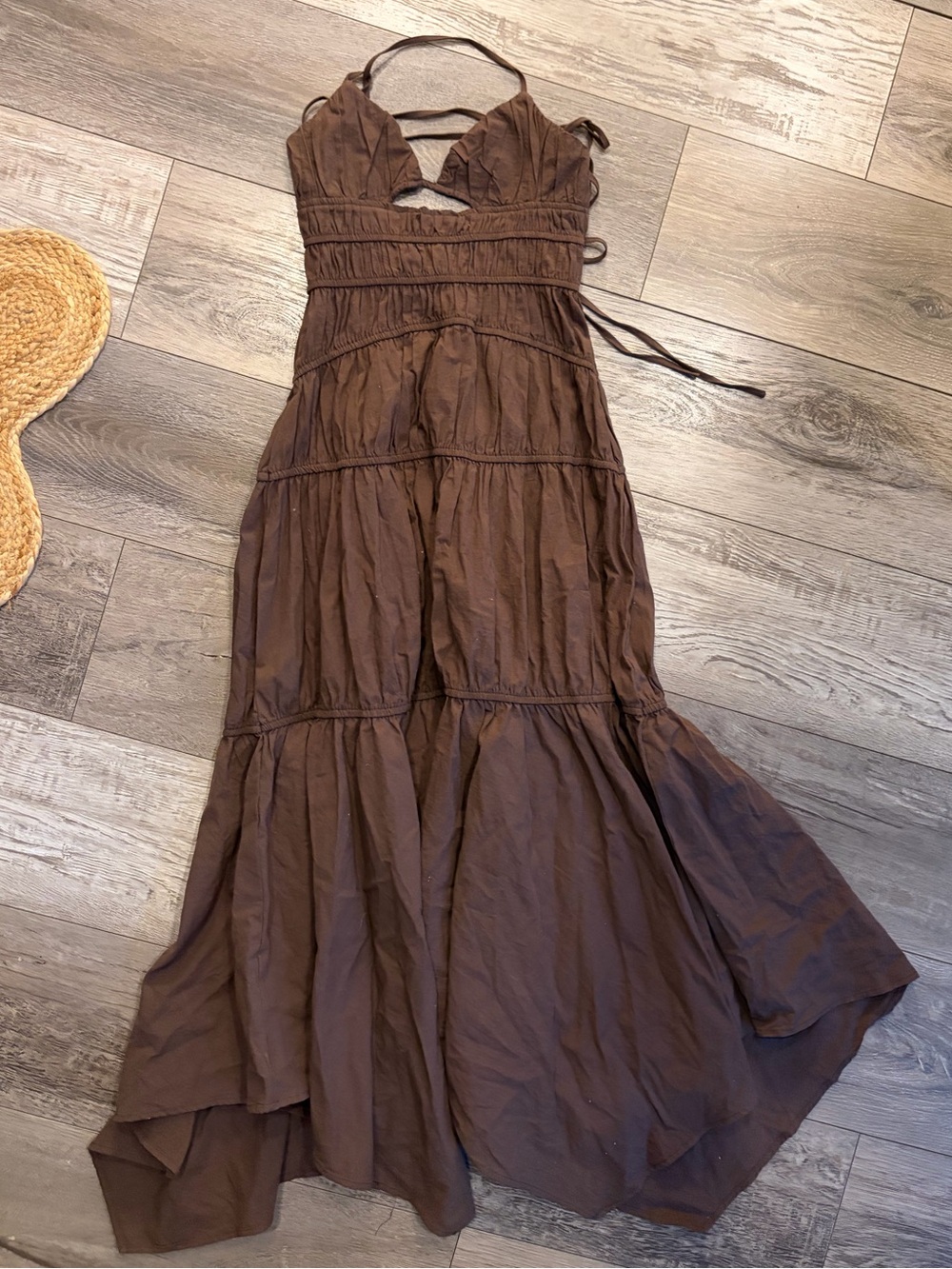 Brown Halter Tiered Maxi Dress with Smocked Bodice